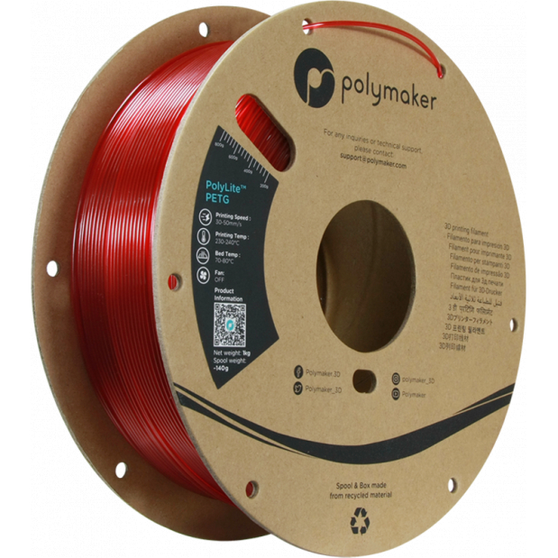 PolyLite PETG Transparant rood - 1.75mm - 1 kg